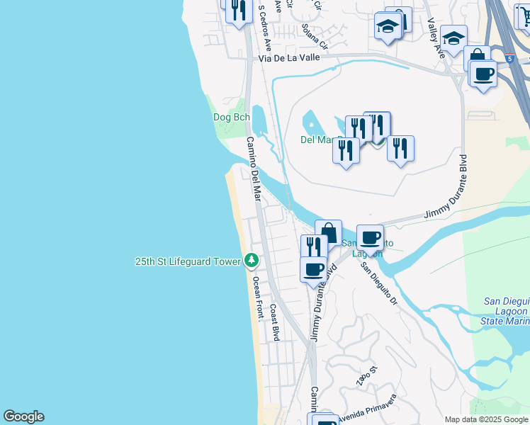 map of restaurants, bars, coffee shops, grocery stores, and more near 2821 Camino Del Mar in Del Mar