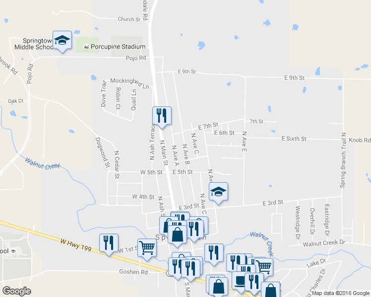 map of restaurants, bars, coffee shops, grocery stores, and more near 620 North Avenue B in Springtown
