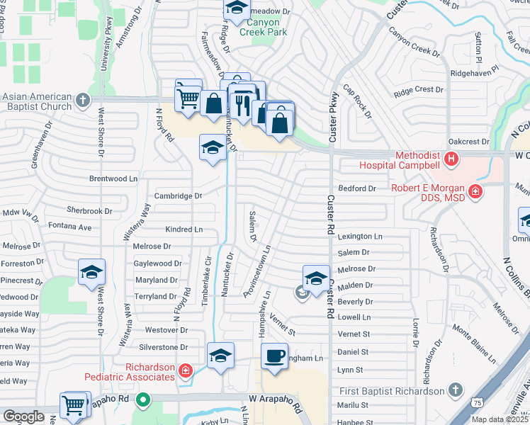 map of restaurants, bars, coffee shops, grocery stores, and more near 607 Worcester Way in Richardson