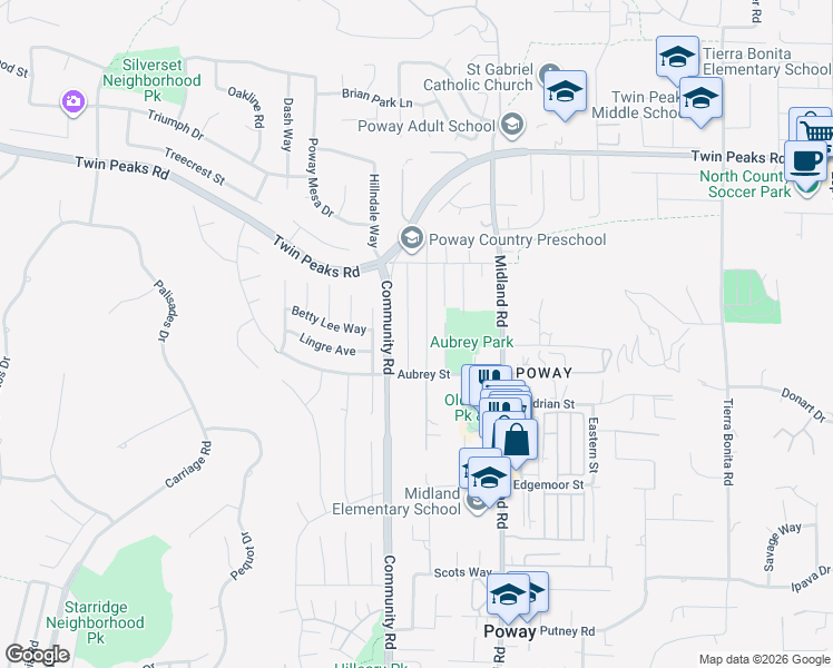 map of restaurants, bars, coffee shops, grocery stores, and more near 14305 York Avenue in Poway