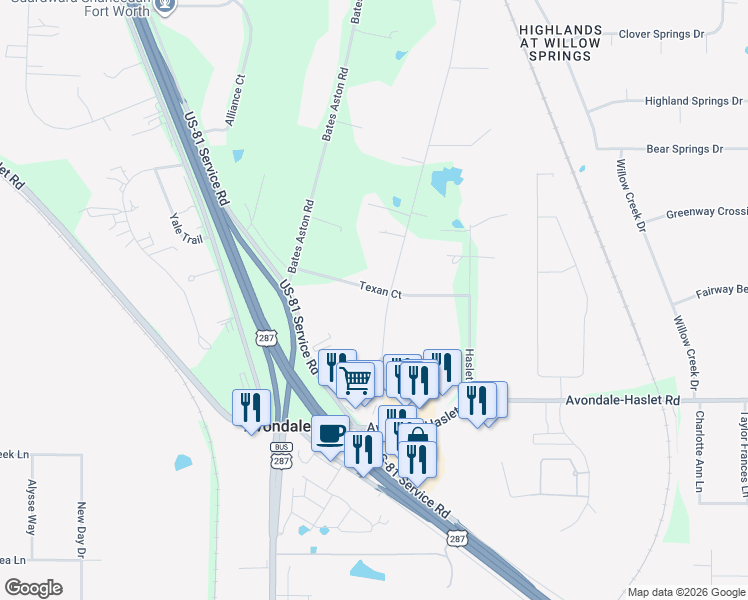 map of restaurants, bars, coffee shops, grocery stores, and more near 2501 Texan Court in Haslet