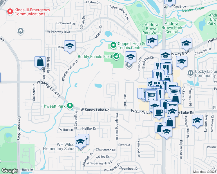 map of restaurants, bars, coffee shops, grocery stores, and more near 348 Leisure Lane in Coppell