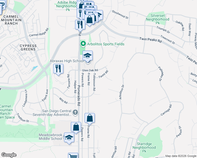 map of restaurants, bars, coffee shops, grocery stores, and more near 14217 Tobiasson Road in Poway
