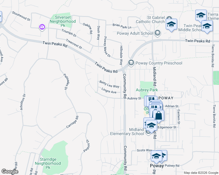 map of restaurants, bars, coffee shops, grocery stores, and more near 13303 Betty Lee Way in Poway