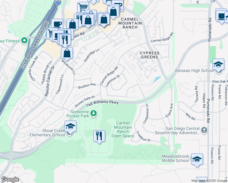 map of restaurants, bars, coffee shops, grocery stores, and more near 11863 Meriden Lane in San Diego