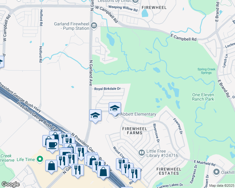 map of restaurants, bars, coffee shops, grocery stores, and more near 722 Royal Birkdale Drive in Garland