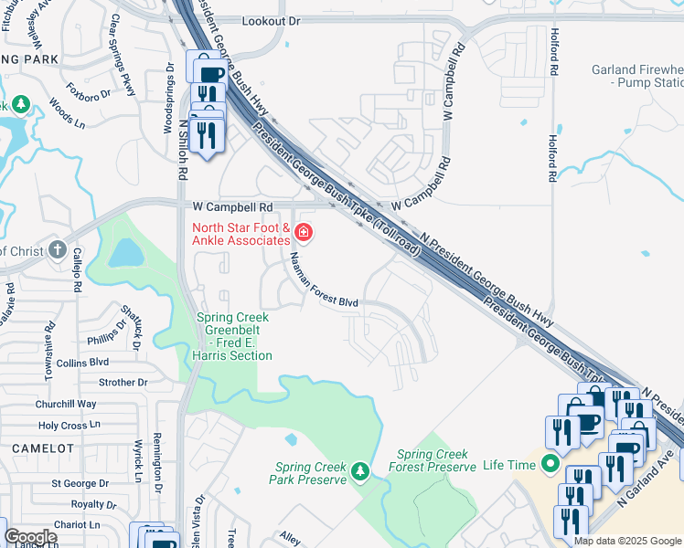 map of restaurants, bars, coffee shops, grocery stores, and more near 6570 Naaman Forest Boulevard in Garland