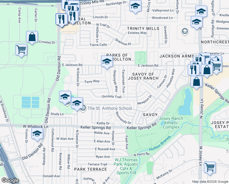 map of restaurants, bars, coffee shops, grocery stores, and more near 2110 Sequoyah Way in Carrollton