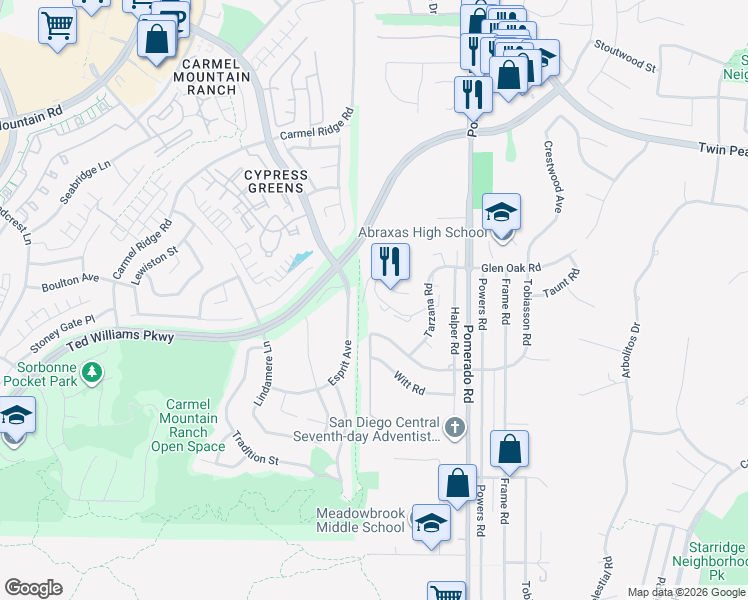 map of restaurants, bars, coffee shops, grocery stores, and more near 140 Sagecrest Street in Poway