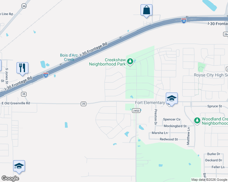 map of restaurants, bars, coffee shops, grocery stores, and more near 1800-2064 Farm to Market 35 in Royse City
