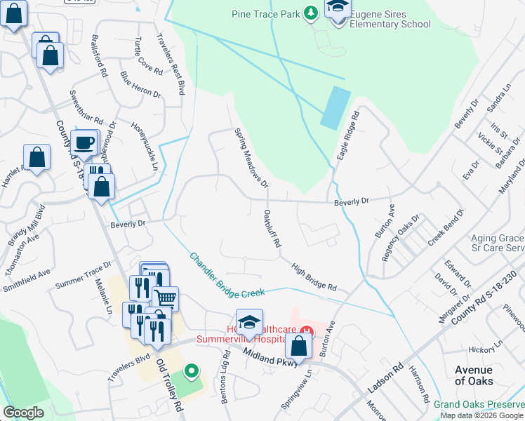 map of restaurants, bars, coffee shops, grocery stores, and more near 701 Beverly Drive in Summerville