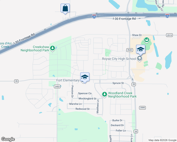 map of restaurants, bars, coffee shops, grocery stores, and more near 2812 Farm to Market 35 in Royse City