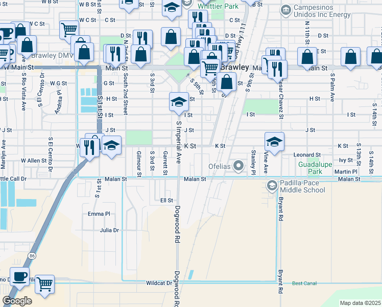 map of restaurants, bars, coffee shops, grocery stores, and more near 430 K Street in Brawley