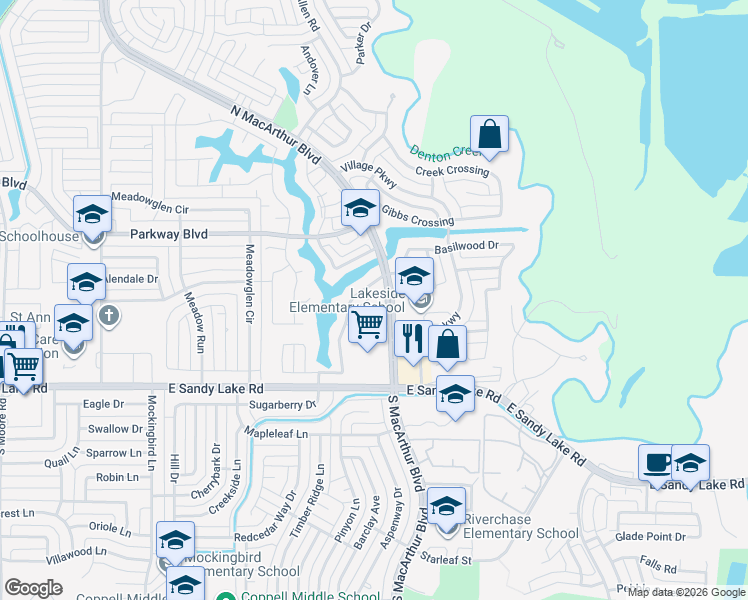 map of restaurants, bars, coffee shops, grocery stores, and more near 201 Redwood Drive in Coppell