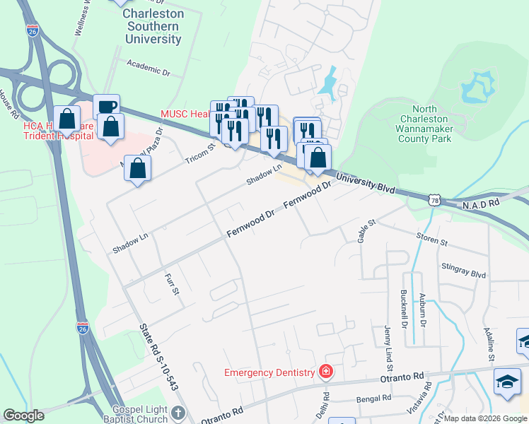 map of restaurants, bars, coffee shops, grocery stores, and more near 2740 Fernwood Drive in North Charleston