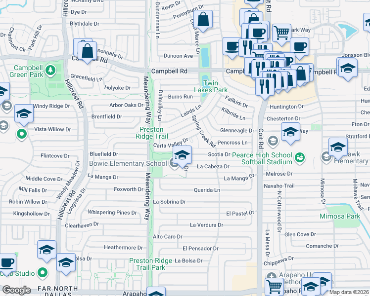 map of restaurants, bars, coffee shops, grocery stores, and more near 16108 Salado Drive in Dallas