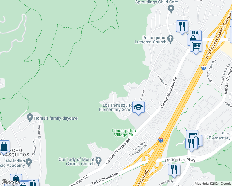 map of restaurants, bars, coffee shops, grocery stores, and more near 10572 Bernabe Drive in San Diego