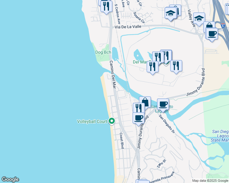 map of restaurants, bars, coffee shops, grocery stores, and more near 2920 Camino Del Mar in Del Mar