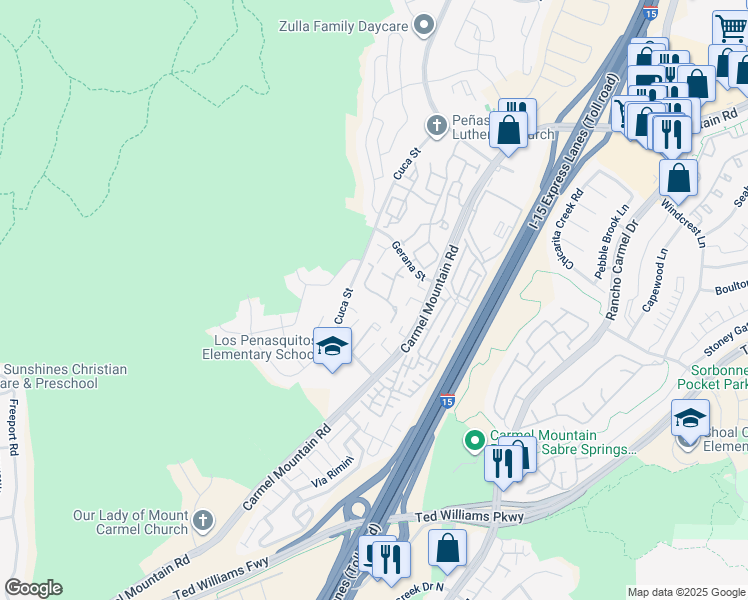 map of restaurants, bars, coffee shops, grocery stores, and more near 10845 Via Los Narcisos in San Diego