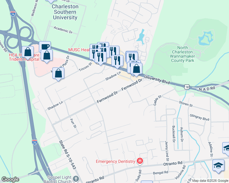 map of restaurants, bars, coffee shops, grocery stores, and more near 2740 Fernwood Drive in North Charleston