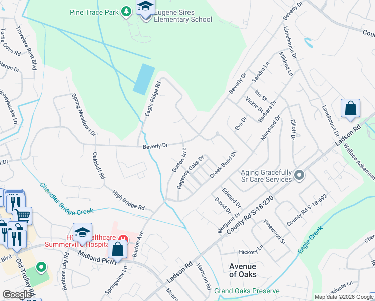 map of restaurants, bars, coffee shops, grocery stores, and more near 312 Burton Avenue in Summerville