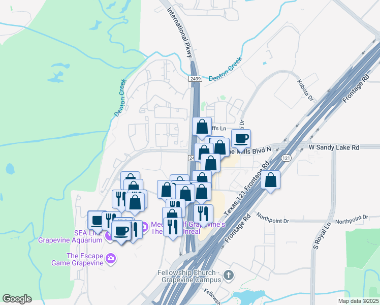 map of restaurants, bars, coffee shops, grocery stores, and more near Grapevine Mills Boulevard North in Grapevine
