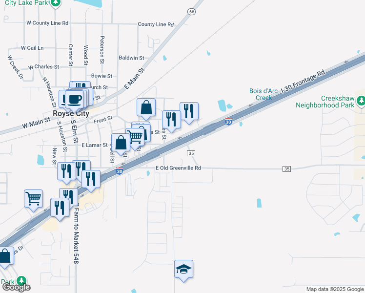 map of restaurants, bars, coffee shops, grocery stores, and more near Interstate Highway 30 in Royse City