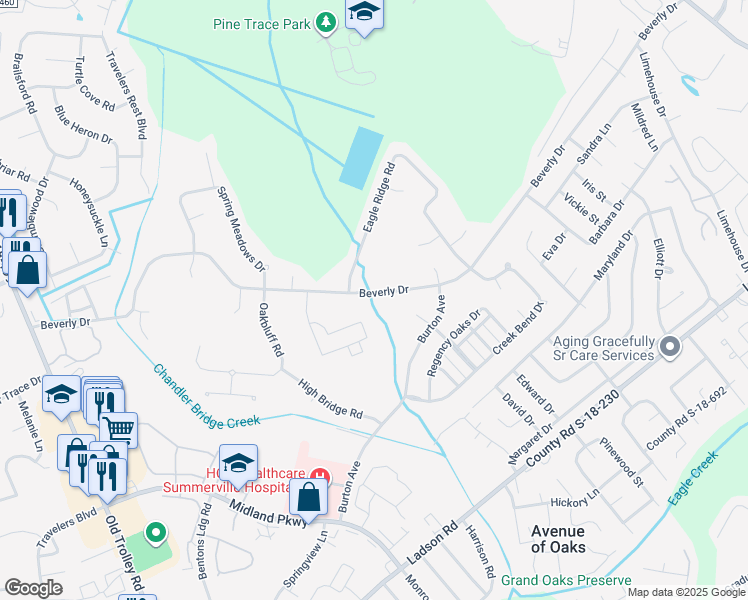 map of restaurants, bars, coffee shops, grocery stores, and more near 523 Beverly Drive in Summerville