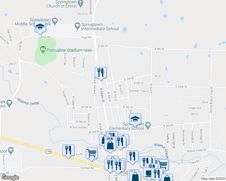 map of restaurants, bars, coffee shops, grocery stores, and more near 609 North Avenue B in Springtown