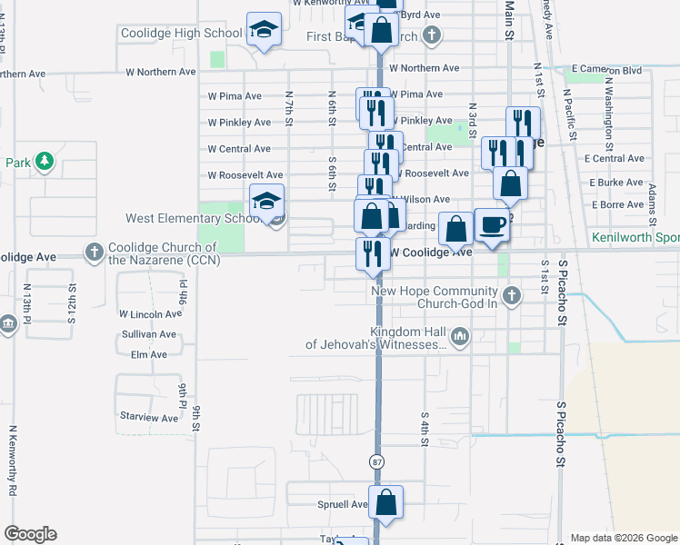 map of restaurants, bars, coffee shops, grocery stores, and more near 505 Arnold Way in Coolidge