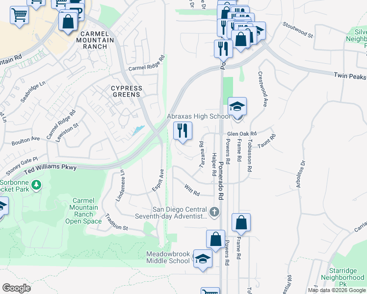 map of restaurants, bars, coffee shops, grocery stores, and more near 140 Sagecrest Street in Poway