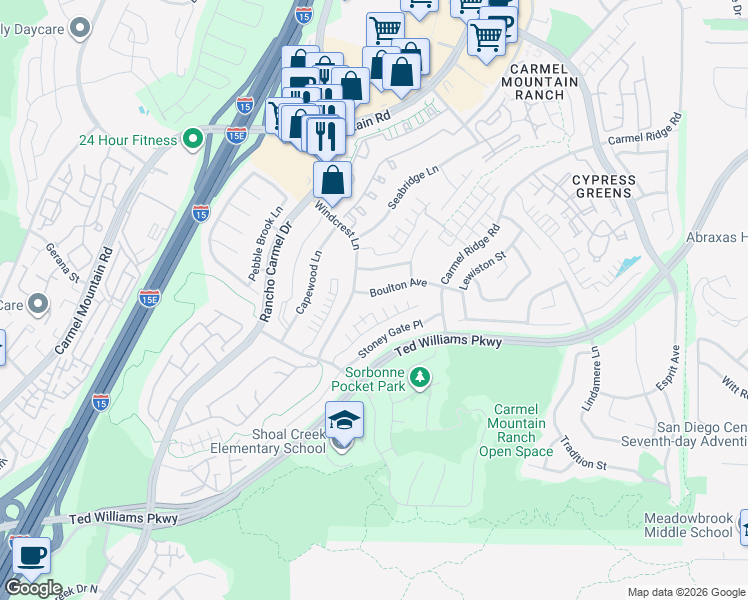 map of restaurants, bars, coffee shops, grocery stores, and more near 11612 Boulton Avenue in San Diego