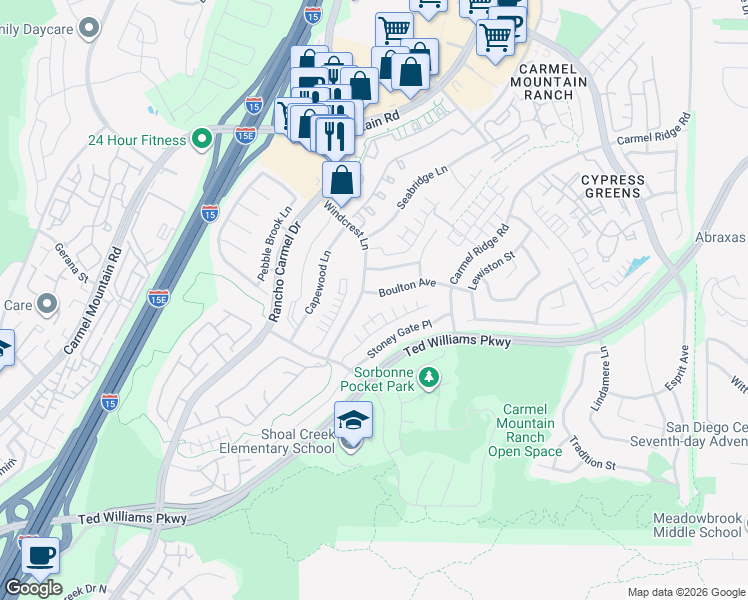 map of restaurants, bars, coffee shops, grocery stores, and more near 11612 Boulton Avenue in San Diego