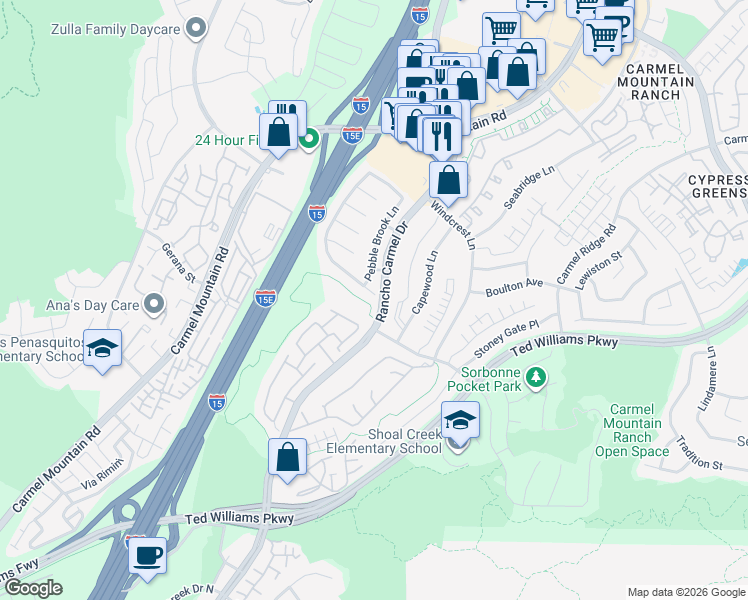 map of restaurants, bars, coffee shops, grocery stores, and more near 13915 Chicarita Creek Road in San Diego