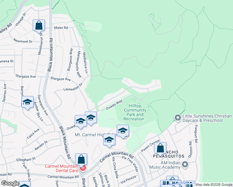 map of restaurants, bars, coffee shops, grocery stores, and more near 9566 Oviedo Street in San Diego