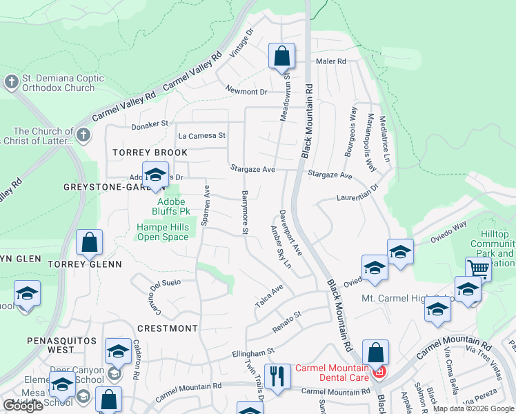 map of restaurants, bars, coffee shops, grocery stores, and more near 9049 Gainsborough Avenue in San Diego