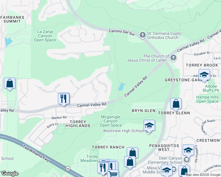 map of restaurants, bars, coffee shops, grocery stores, and more near 14133 Caminito Vistana in San Diego
