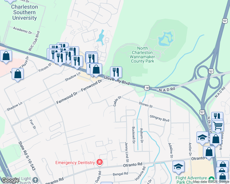 map of restaurants, bars, coffee shops, grocery stores, and more near 8911 University Boulevard in North Charleston
