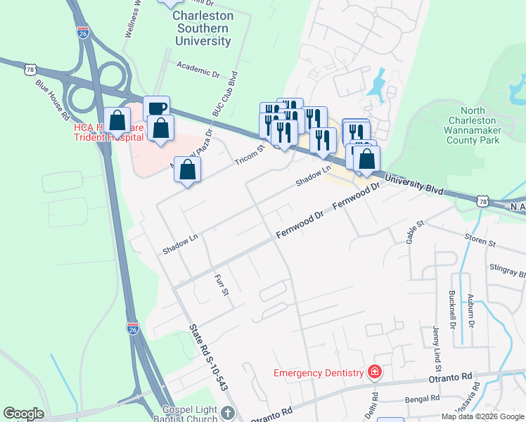map of restaurants, bars, coffee shops, grocery stores, and more near 2787 Shadow Lane in North Charleston