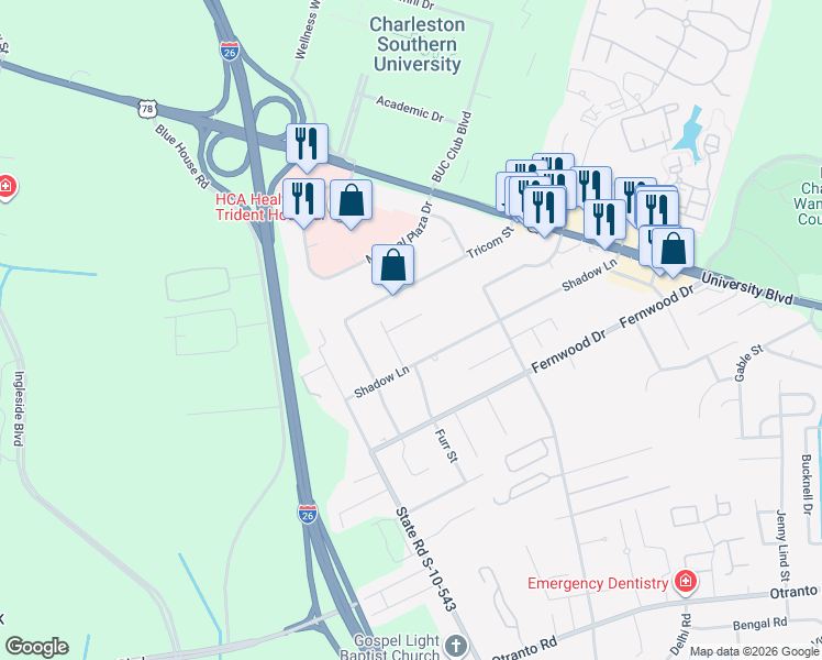 map of restaurants, bars, coffee shops, grocery stores, and more near 2872 Hagerman Street in North Charleston