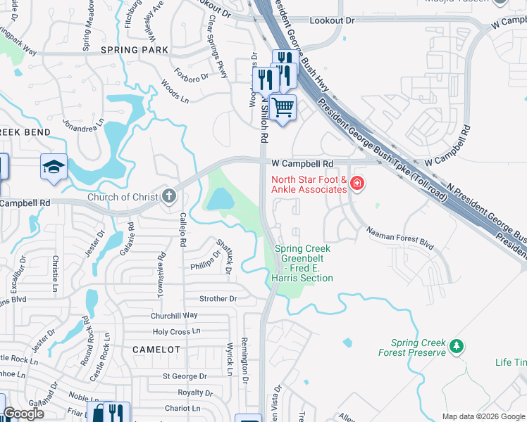 map of restaurants, bars, coffee shops, grocery stores, and more near 6267-6599 North Shiloh Road in Garland