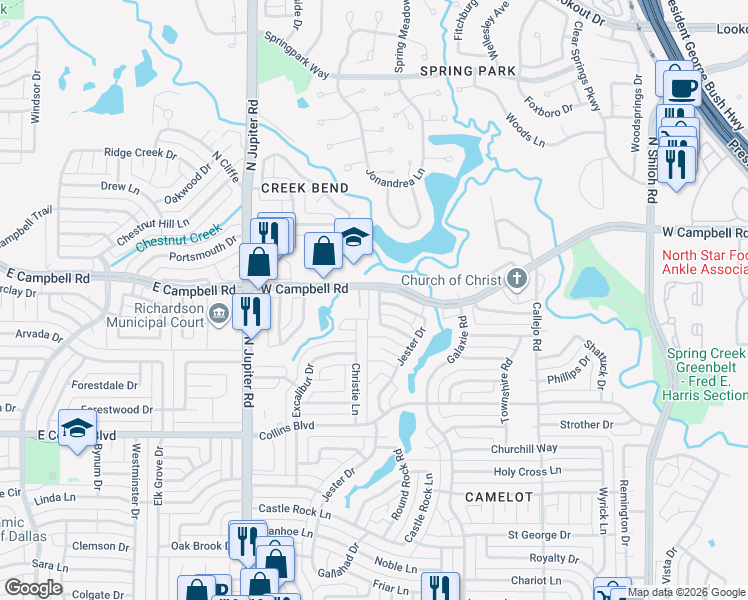 map of restaurants, bars, coffee shops, grocery stores, and more near 3100-3226 West Campbell Road in Garland