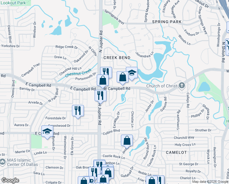 map of restaurants, bars, coffee shops, grocery stores, and more near 6310 Hidden Springs Lane in Garland