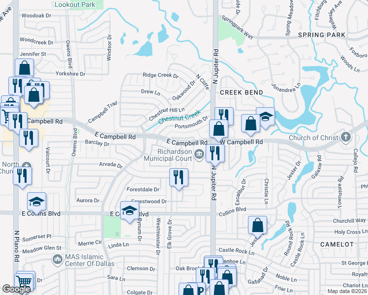 map of restaurants, bars, coffee shops, grocery stores, and more near 1815 Meadowcove Drive in Richardson