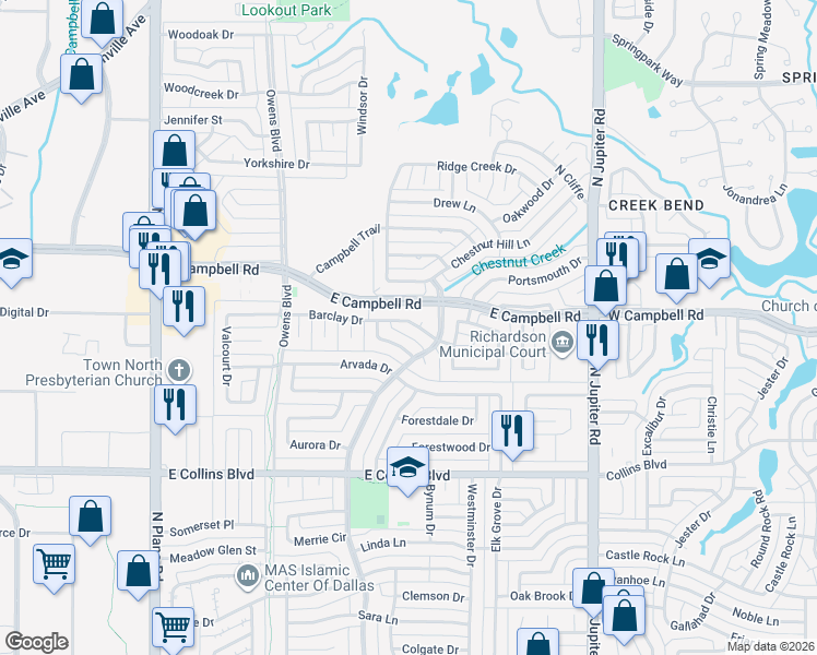 map of restaurants, bars, coffee shops, grocery stores, and more near 1717 Barclay Drive in Richardson