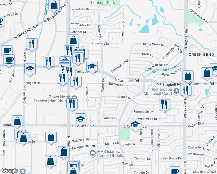 map of restaurants, bars, coffee shops, grocery stores, and more near 1809 Roxton Court in Richardson