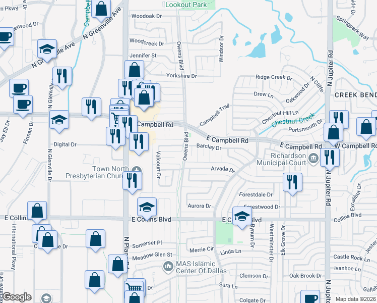 map of restaurants, bars, coffee shops, grocery stores, and more near 1809 Roxton Court in Richardson