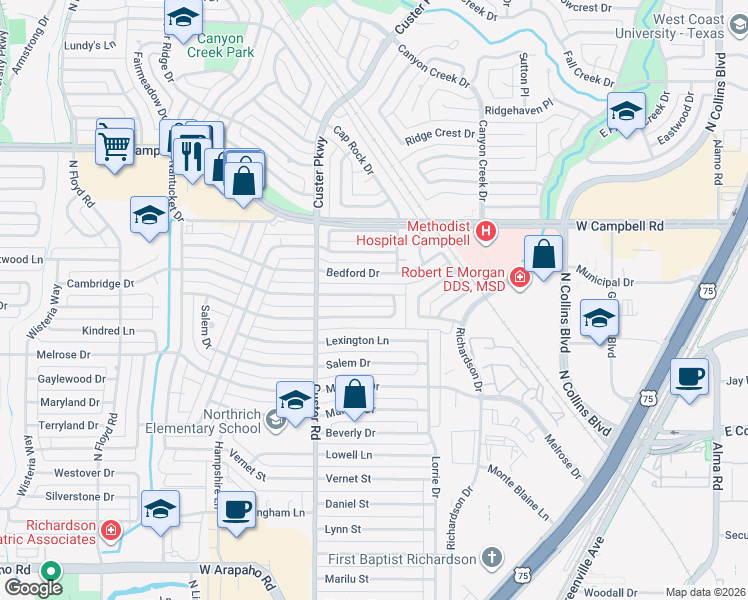 map of restaurants, bars, coffee shops, grocery stores, and more near 412 Cambridge Drive in Richardson