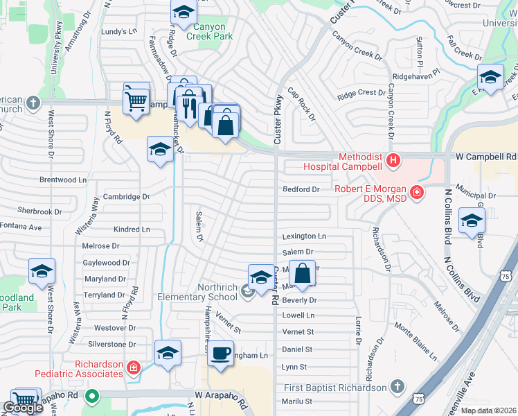 map of restaurants, bars, coffee shops, grocery stores, and more near 504 Cambridge Drive in Richardson