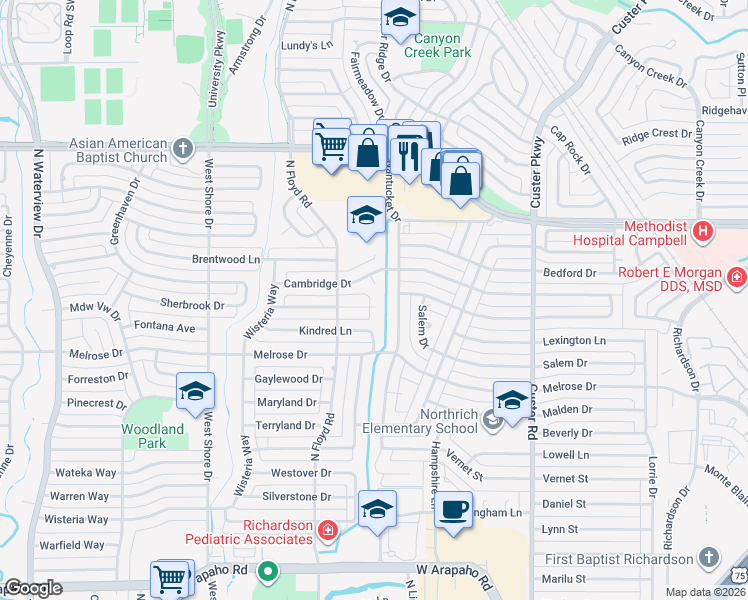map of restaurants, bars, coffee shops, grocery stores, and more near 639 Cambridge Circle in Richardson